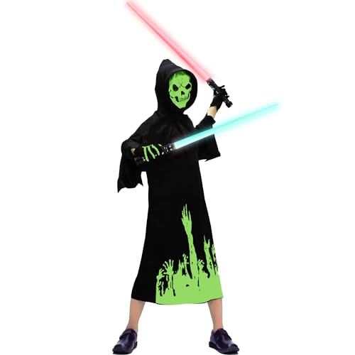 Maxee Halloween Sensenmann Kostüm Kinder mit 2 Stück Light Up LED Lichtschwert, Fluoreszierende Grim Reaper Schwarzes Gewand, Mädchen Jungen für Thema Party Maskerade Rollenspiel Cosplay von Maxee