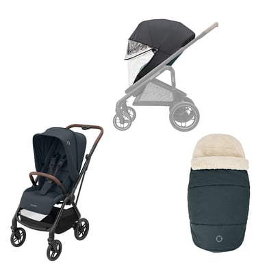 MAXI COSI Kinderwagen Set Leona 2 Essential Graphite & MAXI COSI 2 in 1 Winterfußsack Essential Graphite & MAXI COSI Komfort-Regenverdeck schwarz von Maxi Cosi