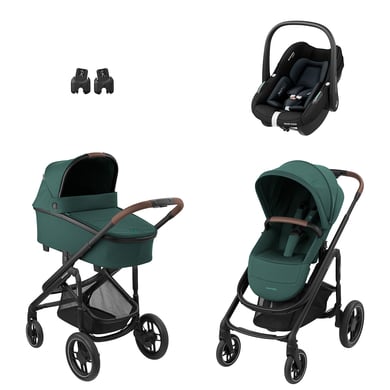 MAXI COSI Kombikinderwagen Plaza Plus Essential Green inkl. Babyschale Pebble S Tonal Black und Adapter Baby Black von Maxi Cosi