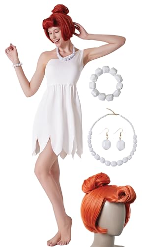 Maxim Party Supplies Damen 5 Stück Höhlenfrau Kostüm Kleid mit Halskette, Ohrringen, Armband und Perücke für Halloween - One Shoulder Minikleid (klein) von Maxim Party Supplies