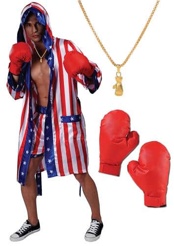 Maxim Party Supplies Erwachsenenkostüm mit amerikanischer Flagge, Satin, mit Robe, Halskette, Boxhandschuhen und Shorts für Herren, Verschiedene Farben, Einheitsgr��e von Maxim Party Supplies