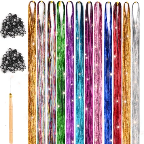 Hair Tinsel,48 Inches Haar Lametta mit Werkzeug,12 Farben Glitzer Haarsträhnen zum Flechten Haar Lametta,Sparkle Tinsel Hair Extensions für Frauen Mädchen Kinder Cosplay Party Zubehör von Maxmoc