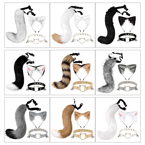 Maxtonser Plüsch für Katzenohren Stirnbänder Tierschwanz Choker Set Halskette für Halloween Cosplay Party Halskette Hairhoop Zubehör Schwarz und Weiß von Maxtonser