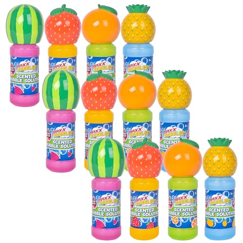 12 duftende Fruchtblasenflaschen in Erdbeer-Wassermelonen-Orange und Ananas, Partygeschenk, Klassenzimmer-Geschenk, Neuheit, Strumpffüller, drinnen, draußen, Badespielen, ab 3 Jahren von Maxx Bubbles