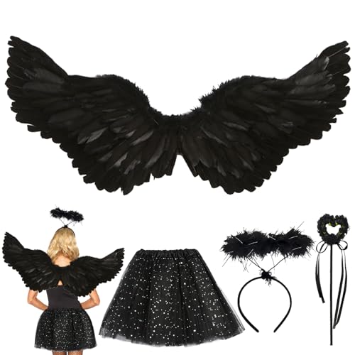 May Huang Engel Flügel Schwarz, 60CM Engelsflügel Kostüm mit Heiligenschein Zauberstab und Röcke, Gefallener Engel Kostüm, Dunkler Engel Kostüm, Federflügel Engel für Halloween Karneval Fasching (60) von May Huang