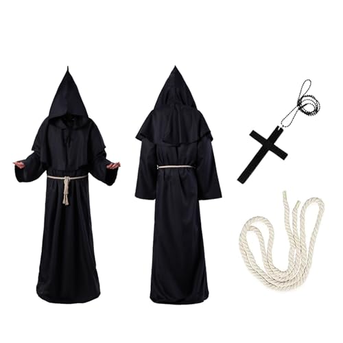 May Huang Mönch Robe Kostüm Prister Gewand Mittelalterliche Renaissance Robe mit Kapuze und Kreuz Mönchskutte für Mottoparty Halloween Cosplay Karneval und Fasching (L) von May Huang