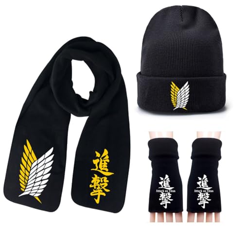 3 Stück Attack on Titan Anime Schal & Strickmütze & Handschuhe Für Fans, Herbst Winter Warmes Set, Weich Und Bequem Hautfreundlich Für Kinder Studenten Unisex (B) von MayDee