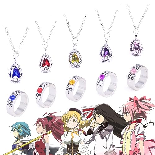 5 Farben Puella Magi Madoka Magica Halsketten & Ringe, Mädchen Schmuck Anhänger Cosplay Zubehör Für Fan Girl Geschenk Dekoration von MayDee