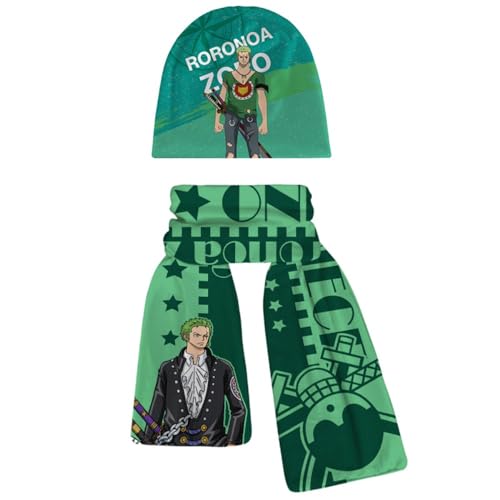 MayDee 2 Stück Anime Roronoa Zoro Schal & Strickmütze, Herbst Und Winter Warmes Set, Weich Und Bequem Hautfreundlich Für Kinder Studenten Unisex, Mehrfarbig von MayDee