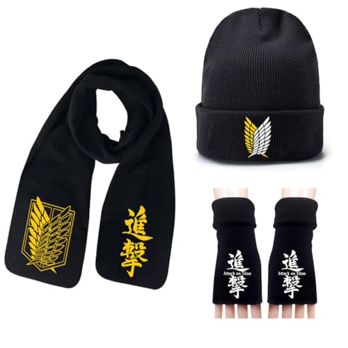 MayDee 3 Stück Attack on Titan Anime Schal & Strickmütze & Handschuhe Für Fans, Herbst Winter Warmes Set, Weich Und Bequem Hautfreundlich Für Kinder Studenten Unisex (A) von MayDee