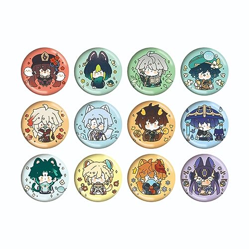 MayDee Genshin Figur Brooches, Genshin Chibi Figur Broche 12 Runde Abzeichen Aus Weißblech, 58mm Kleidung Rucksack Zubehör Für Teenager Fan Sammlungen von MayDee