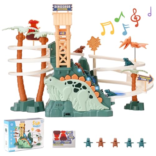 Dinosaurier Kletterrutsche Spielzeug Rennbahn Spielzeug Doppelschleifenbahn Rutsche mit Musik Dinosaurier Klettern Treppe Spielzeug für Kinder Intelligenz pädagogische Puzzle Playsets ab 3 Jahre,Grün von Maycoly