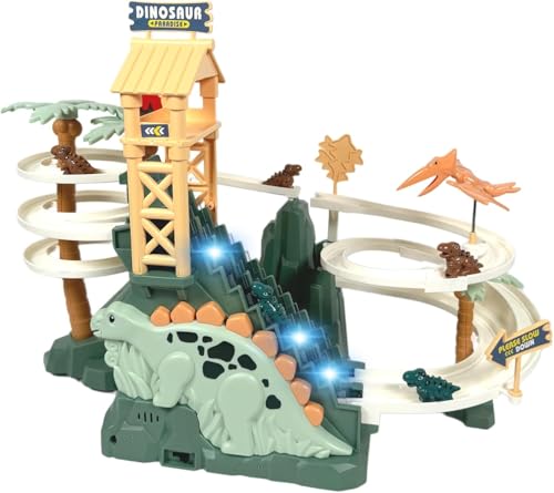 Dinosaurier Kletterrutsche Spielzeug Rennbahn Spielzeug Doppelschleifenbahn Rutsche mit Musik Dinosaurier Klettern Treppe Spielzeug für Kinder Intelligenz pädagogische Puzzle Playsets ab 3 Jahre,Grün von Maycoly