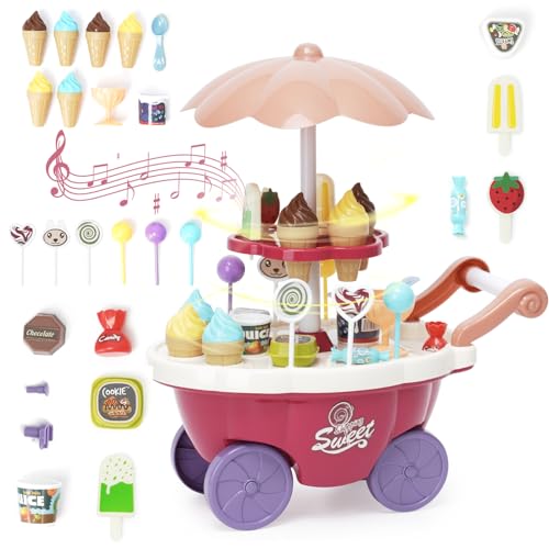 Eiscreme-Spielzeug 36 Stück Kinder Eiscreme Eisverkauf Spielset-Set Süßigkeitenwagen mit Süßigkeiten, Lutscher, Schokolade, großer Stauraum, Musik, Rollenspiel Geschenk für Kinder Mädchen ab 3 Jahre von Maycoly