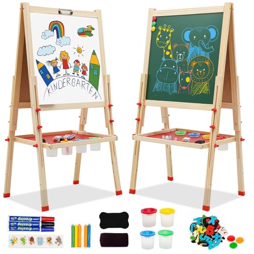 Kinder Staffelei Doppelseitiges Whiteboard und Kreidetafel Holz Kunst Staffelei Höhenverstellbar mit Aufkleber Malzubehör Ablageschale für Jungen Mädchen ab 3 Jahre Kinder Staffelei Doppelseitiges Whiteboard und Kreidetafel Holz Kunst Staffelei Höhenverstellbar mit Aufkleber Malzubehör Ablageschale für Jungen Mädchen ab 3 Jahre von Maycoly