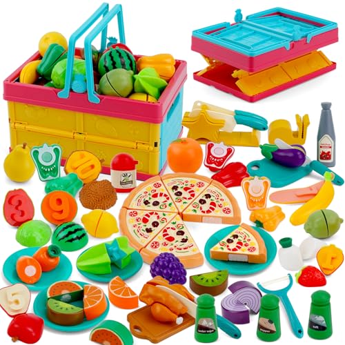 Kinderküche Spielküche Zubehör, 47 PCS Küchenspielzeug Schneiden Obst Gemüse Lebensmittel mit Klett-Verbindung für Kinder, Lernspielzeug Rollenspiele Pädagogisches Spielzeug Geschenk 3+ von Maycoly