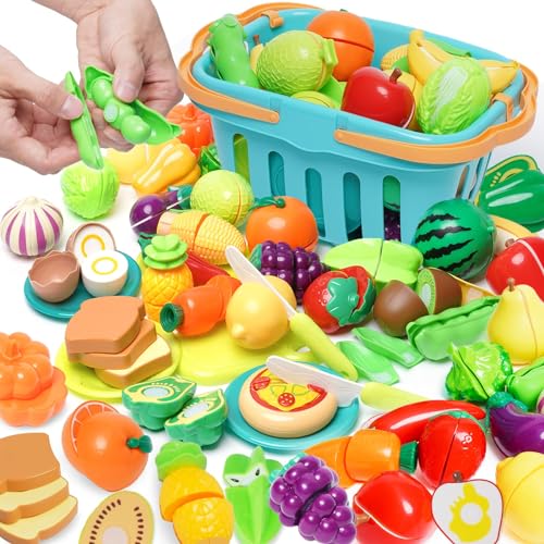 Kinderküche Spielküche Zubehör 75 PCS, Küchenspielzeug Schneiden Obst Gemüse Lebensmittel mit Klett-Verbindung für Kinder, Lernspielzeug Rollenspiele Pädagogisches Spielzeug Geschenk von Maycoly