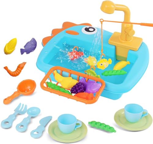 Küchenspüle Kinder mit Wasser Spielzeug Set mit Wasserfunktion Montessori KüChenzubehöR Batterie mit Pumpe Und StäNder Outdoor Garten Wasserhahn KüChe Rollenspiel 1 3 4 Jahre Blau von Maycoly