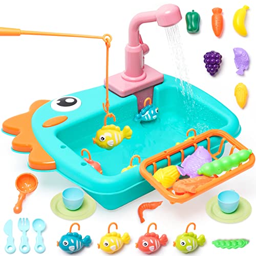 Küchenspüle Spielzeug Set mit Angelspiel, Fließendes Wasser Spülmaschine, Küchenutensilien,Rollenspiel Spielzeug für Kleinkinder Kinder Mädchen ab 3 Jahre Grün von Maycoly