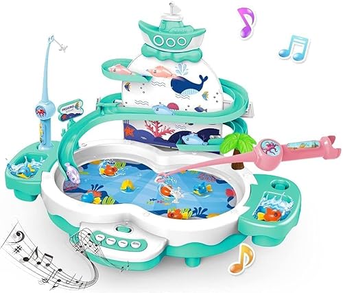 Musikspielzeug Angelset Angelspiel mit Musik und 10 Fische, Rennbahn Spielzeug Doppelschleifenbahn Rutsche, Fische Angeln Spiel, Angelspiel Wasser, Kinderspielzeug Pädagogisches Spielzeug ab 3+ von Maycoly