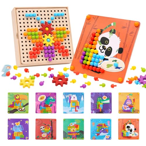 Mosaik Steckspiel für Kinder mit Zahnrädern, 180 Steckmosaik mit 240 Steckperlen und 10 Bunten Steckplätte, Kreatives Pädagogische Pilz Nägel Puzzle Spielzeug für Jungen Mädchen von Maycoly