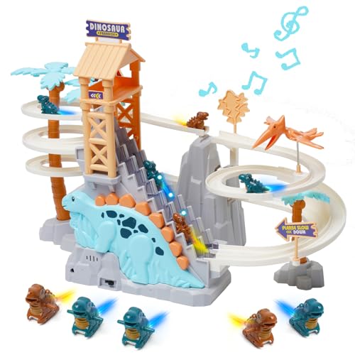 Rennbahn Spielzeug Doppelschleifenbahn Rutsche mit Musik Dinosaurier Klettern Treppe Spielzeug für Kinder Intelligenz pädagogische Puzzle Playsets für Jungen Mädchen ab 3 von Maycoly