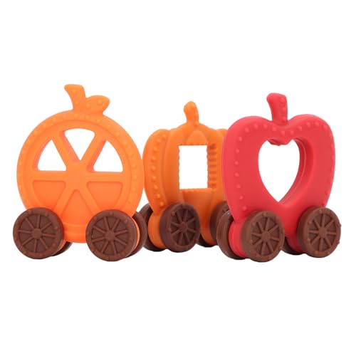 Baby-Halloween-Beißring-Spielzeugset, Waschbares Silikon-Beißring-Kauspielzeug für Kleinkinder, Halloween-Thema (Kürbiswagen-Set (Apfel, Orange, Kürbis).) von Mayueri