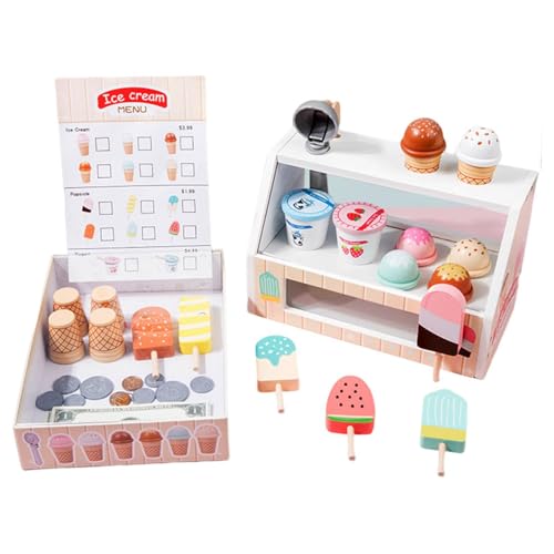 Eiscreme-Spielset,Eiscreme Spielen - Shop für Spielzeug-Lebensmittel-Sets aus Holz | Pretend Ice Cream Sets, interaktives Kinder-Eiscreme-Spielset für Geburtstags von Mbiyhgta