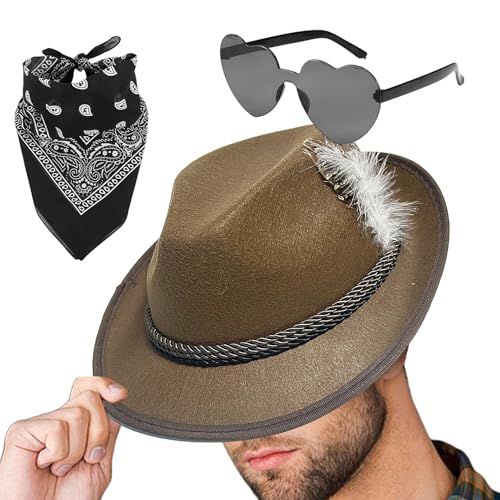 Mbiyhgta Bayerischer Hut | 1Set Fedora Oktoberfest Hut mit Kopftuch, Brille | Vlies Oktoberfest Kostüm Accessoires für Herren von Mbiyhgta