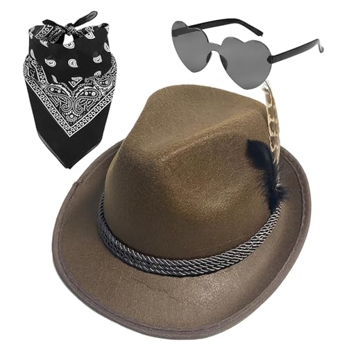 Mbiyhgta Deutsche Hüte für Oktoberfest - 1 Set Fedora Oktoberfest Hut mit Kopftuch, Brille | Vlies Oktoberfest Kostüm Accessoires für Herren von Mbiyhgta