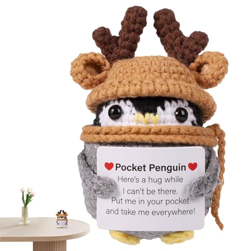 Positive Card Penguin – Kartenhalter im Pinguin-Design, einzigartige dekorative positive Anzeige | Tiere Häkelspielzeug mit Karte, Häkeltier-Plüschpuppe mit positiver Lebenskarte für Männer, Frauen, F von Mbiyhgta