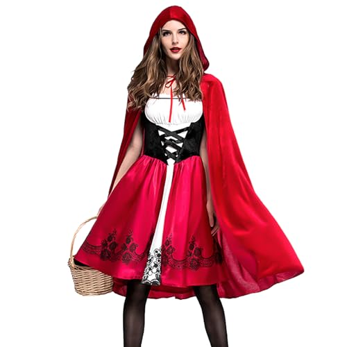 Mckinu Karneval Rotkäppchen Kostüm Damen: Halloween Hexe Prinzessin Kleid und Umhang mit Kapuze Erwachsene - Hexenkostüm Little Red Riding Hood Outfit für Fasching Cosplay Carnival (L) von Mckinu