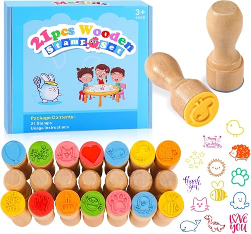 MeCids Stempel für Kinder, 21Pcs Holz Stempel Set, Tier Stempel Stern Regenbogen Nette Muster Stempel für Kinder Geburtstagsgeschenk Party Gunst von MeCids