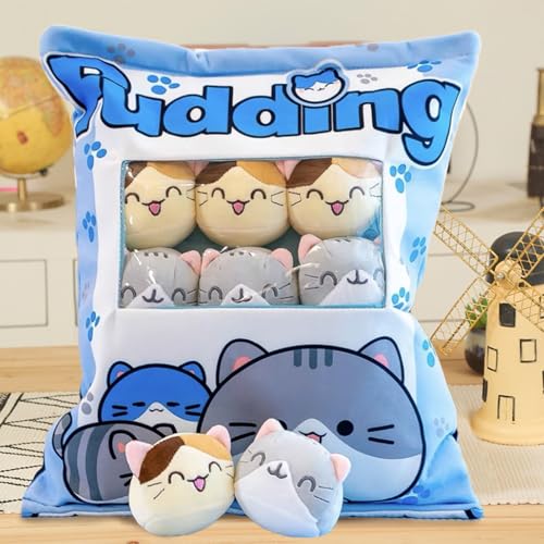 MeHoo Katze Plüsch Kissen, Pudding Peluche, Snackles Kuscheltier, Niedliche Plüschpuppe, Schlafkissen, Reißverschluss Design, Abnehmbar, Gefüllt mit kleinen Puppen innen (Blaue Katze) von MeHoo