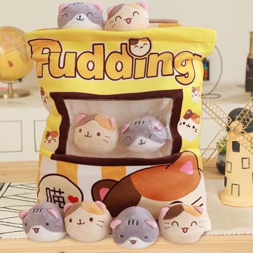 MeHoo Katze Plüsch Kissen, Pudding Peluche, Katze Pudding Kissen, Snack Kissen Kuscheltier, Reißverschluss Design, Abnehmbar, Gefüllt mit kleinen Puppen innen (Gelbe Katze) von MeHoo