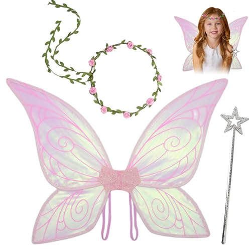 Feenflügel Kostüm Set,Damen Mädchen Schmetterlings Feenflügel Elfenflügel,mit Blumenkranz Zauberstab Flügel Kostüm,Feenflügel Kinder für Karneval Weihnachten Rollenspiele Comic Con Themed Party(Rosa) von MeYuxg