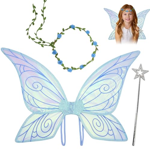 Feenflügel Kostüm Set,Damen Mädchen Schmetterlings Feenflügel Elfenflügel,mit Blumenkranz Zauberstab Flügel Kostüm,Feenflügel Kinder für Karneval Weihnachten Rollenspiele Comic Con Themed Party(Blau) von MeYuxg