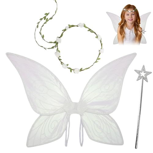 Feenflügel Kostüm Set,Damen Mädchen Schmetterlings Feenflügel Elfenflügel,mit Blumenkranz Zauberstab Flügel Kostüm,Feenflügel Kinder für Karneval Weihnachten Rollenspiele Comic Con Themed Party(Weiß) von MeYuxg