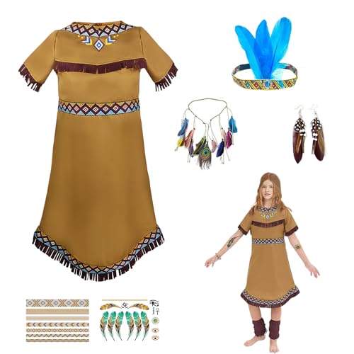 Indianer Kostüm Kinder, Kinderkostüm Indianerin Braun, Faschingskostüme Kinder Indianer Kostüm Damen, Indianer Kopfschmuck mit Stirnbänder, Ohrringe, Tattoo-Aufkleber, für Cosplay, Karneval, 150 von MeYuxg