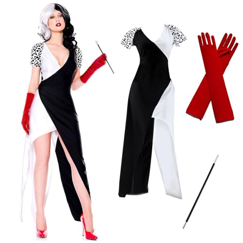 Karneval Kostüm Damen,Schwarzer und Weißer Teufel Karneval Kleid,Karneval Teufel Fancy Dress,Cosplay Teufel Costume Film Charakter Verkleidung Damen für Karneval Party,Kleider+Handschuhe+Stange(L) von MeYuxg