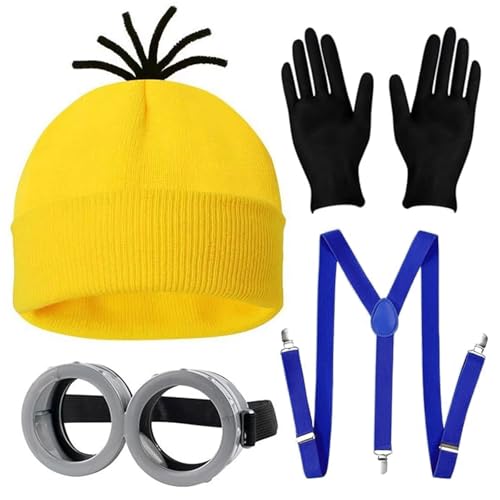 MeYuxg 4 Stück Halloween Kostüm Zubehör, Karneval Kostüm für Damen Herren Kinder, Gelbe Hut + Brille + Handschuhe + Hosenträger für Halloween Dress Up von MeYuxg