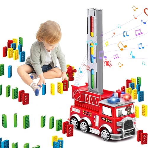 MeYuxg 80 Stück Dominosteine, Domino Zug Spielzeug Set, Automatischer Domino Train, mit Lichtern und Soundeffekten, Elektrischer Feuerwehrauto Spielzeug für Kinder Ab 3 von MeYuxg