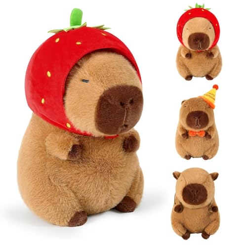 MeYuxg Capybara Kuscheltier, 22cm Capybara Plüschtier mit Erdbeer Tiara, Niedliches kindliches wasserschwein Kuscheltier, Weiches und Bequemes Capybara Plüschtier, Geschenk, Home Deko(Erdbeere, 22cm) von MeYuxg