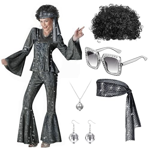 MeYuxg Disco Kostüm Damen, 60er 70er 80er Jahre Outfit Damen, Disco Outfit 70er jahre Bekleidung für Halloween Karneval - L von MeYuxg