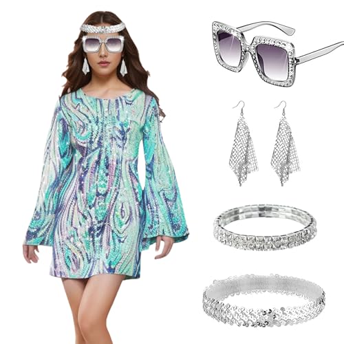 MeYuxg Disco Kostüm Damen, Hippie Kostüm Damen 70er Jahre Bekleidung, Karneval Hippie Kleidung Disco Outfit Damen Faschingskostüme - L von MeYuxg