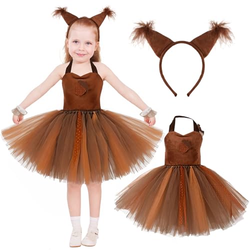 MeYuxg Eichhörnchen Kostüm Kinder, Eichhörnchen Kostüm mit Ohren Stirnband, Niedlicher Eichhörnchen Kostüm Damen, Eichhörnchen Puffy Dress für Karneval, Cosplay, Halloween, psrty,3-4 Jahren(S) von MeYuxg