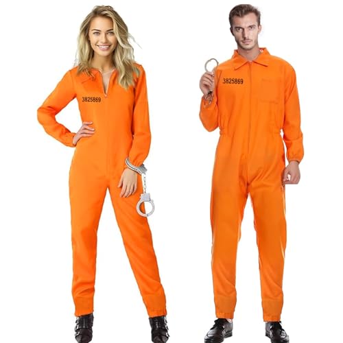 MeYuxg Häftling Kostüm, Gefängnis Kostüm Orange, Gefängnis Kostüm für Herren und Damen, Orangener Overall mit Handschellen, Geeignet für Halloween und Karneval, Kostümpartys, Cosplay(L) von MeYuxg