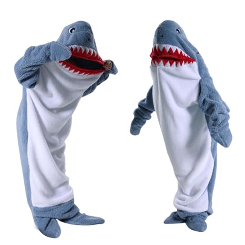 MeYuxg Hai Decke zum Anziehen, Flauschig Shark Blanket, Flanell Haifisch Decke, Shark Onesie Hai Schlafsack für Jugendliche, Erwachsene, Hai-Liebhaber, Cosplay-Shows, Grau Blau, 140 von MeYuxg