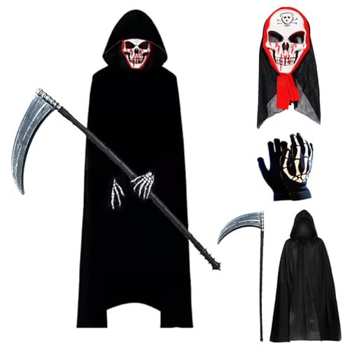 MeYuxg Halloween kostüm Umhang Set Halloween Skelett Gesichtsmaske Handschuhe Halloween Sense für Halloween Party Dekoration Cosplay Scream Kostüm Faschingskostüme von MeYuxg