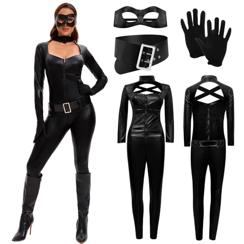 MeYuxg Kostüm Damen, Katzenkostüm Damen, Nachtkatzen Lady, Maskierter Cosplay Anzug, Schwarzer Overall + Handschuhe + Augenmaske + Gürtel (Größe-XL) von MeYuxg